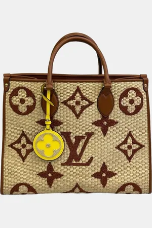 LOUIS VUITTON Brown/Beige Raffia Calfskin Monogram Giant Onthego GM Tote Bag