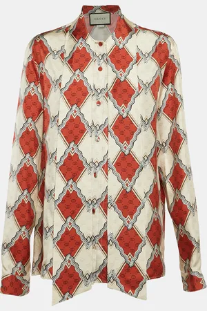 Gucci /Cream Printed Silk Tie-Up Neck Blouse M