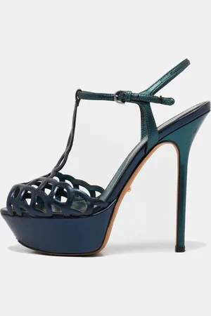 Sergio Rossi Metallic /Green Cut Out Leather Platform Sandals Size 35