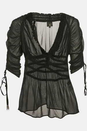 Roberto Cavalli Silk Smocked V-Neck Top M