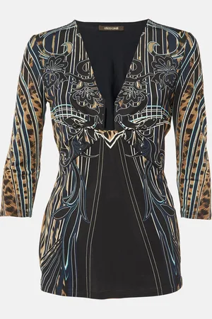 Roberto Cavalli Printed Jersey Plunge Neck Top M