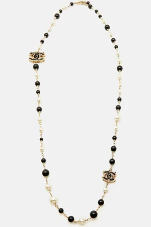 CHANEL Faux Pearl Black Beads Gold Tone CC Baroque Station Necklace