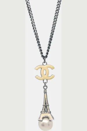 CHANEL Artificial Pearl Rhinestone Eiffel Tower Chain Necklace