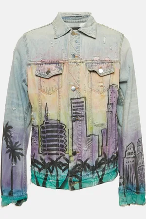 AMIRI Printed Denim Button Front Distressed Jacket XL