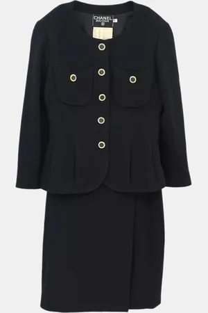 CHANEL Wool Suit Collarless Jacket Skirt Set Women Size 38