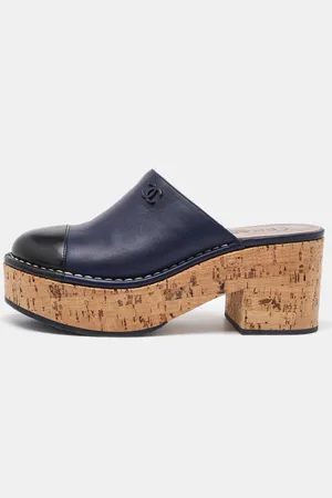 CHANEL /Black Leather Cap Toe Cork Platform Mules Size 37