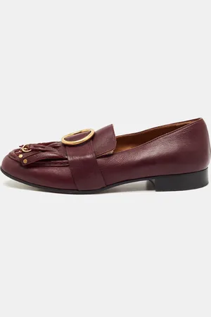 Chloé Burgundy Leather Fringe Tips Details Slip On Loafers Size 40