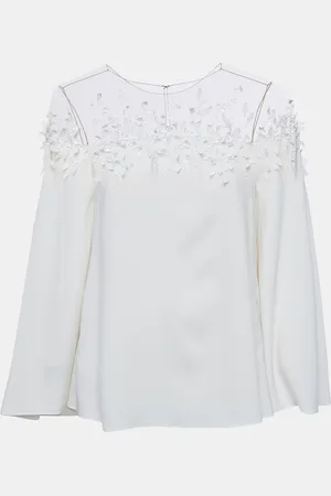 Oscar de la Renta Off- Embellished Silk Cape Detail Top S