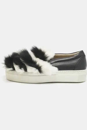 LE SILLA /White Leather and Mink Fur Slip On Sneakers Size 40