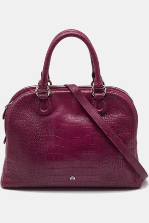 Aigner Magenta Croc Embossed Leather Double Zip Satchel