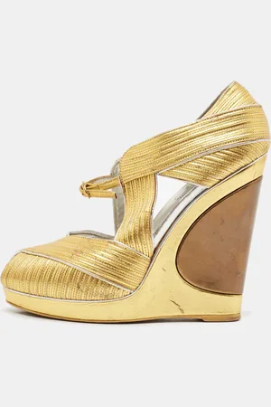 Saint Laurent Metallic Leather Venice Sculpted Wedge Platform Sandals Size 39