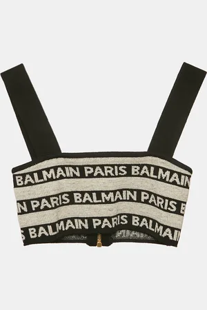 Balmain /Grey Logo Striped Stretch Knit Crop Top S