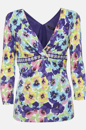 VERSACE Floral Jersey V-Neck Long Sleeve Top L