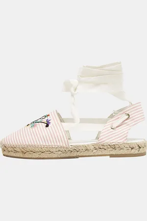 Roger Vivier /White Stripe Fabric Floral Embroidered Wrap Espadrille Sandals Size 40