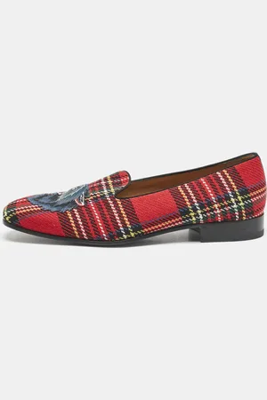 Gucci Multicolor Tartan Canvas Wolf Embroidered Slip On Loafers Size 44