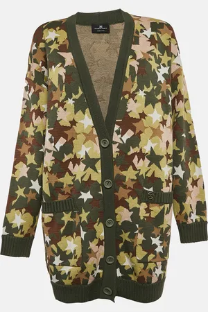 Elisabetta Franchi Green Camouflage Print Knit Long Cardigan L