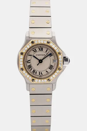 Cartier Customised Ivory 0.50CT Diamond 18K Yellow Gold Stainless Steel Santos Octagon 187903 Quartz Women