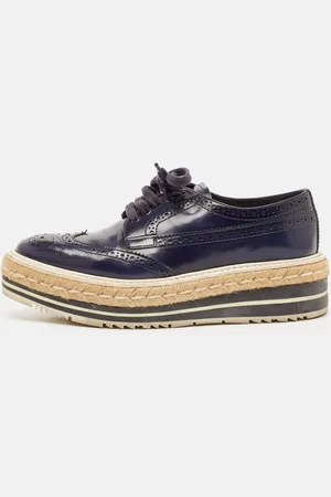 Prada Blue Brogue Leather Derby Lace Up Espadrille Sneakers Size 36
