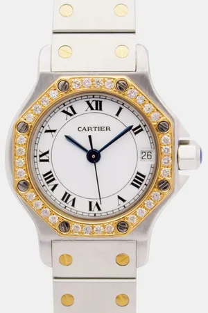 Cartier Customised 0.50CT Diamond 18K Yellow Gold Stainless Steel Santos Octagon 187903 Quartz Women