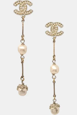 CHANEL Plated, Artificial Pearl CC Dangle Earrings