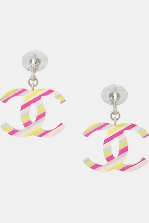 CHANEL Plated, Acrylic CC Dangle Piercing Earrings