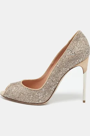 Sebastian Beige/Silver Lace and Glitter Peep Toe Pumps Size 40.5