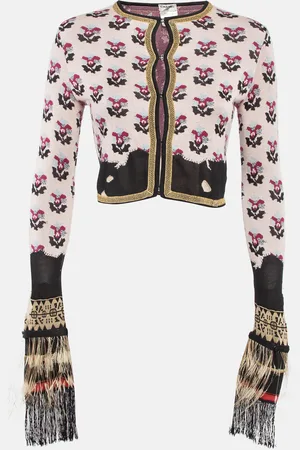 CHANEL Floral Pattern Knit Feather Fringe Detail Cropped Cardigan S