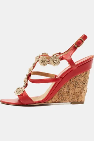 CHANEL Leather Floral Metal CC Cork Wedge Sandals Size 38