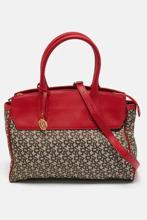 DKNY /Beige Monogram Fabric and Leather Zip Tote