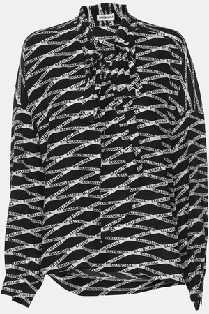 Balenciaga Zig Zag Logo Printed Silk Neck Tie Detail Top M