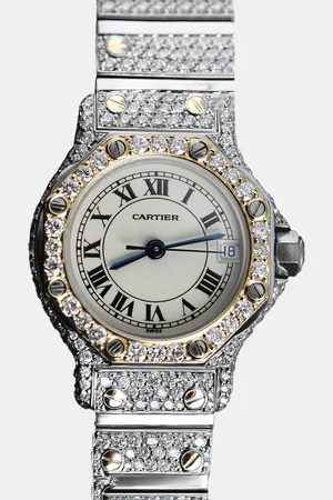 Cartier Customised Diamond 18K Yellow Gold Santos Octagon 187902 Quartz Women