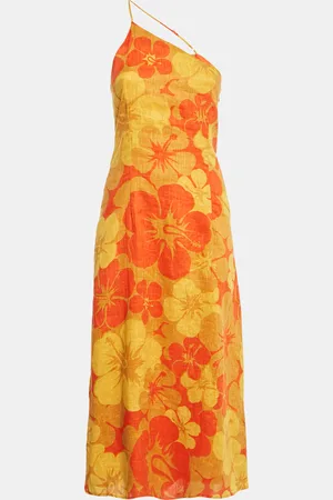 FAITHFULL THE BRAND /Orange Floral Print Linen Soko Midi Dress S