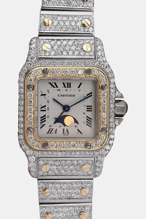 Cartier Customised White Diamond 18K Yellow Gold Santos Galbee 119902 Quartz Women