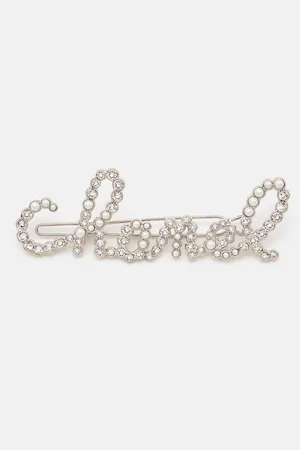 CHANEL Logo Crystals Faux Pearl Tone Hair Clip