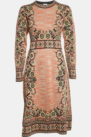 M Missoni /Green Floral Pattern Knit Long Sleeve Midi Dress M