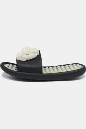 CHANEL /White Rubber CC Camellia Flat Slide Sandals Size 38