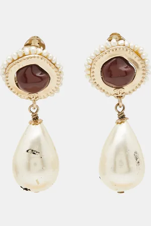 CHANEL CC Resin Faux Pearl Tone Dangle Earrings