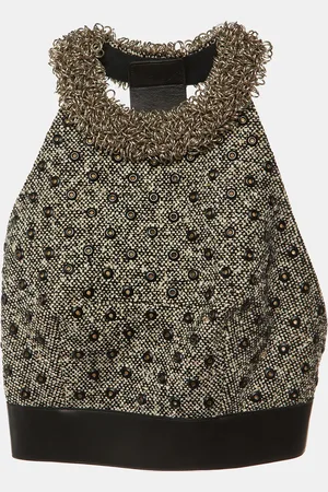 Balenciaga /White Eyelet and Ring Embellished Tweed Halter Neck Top M
