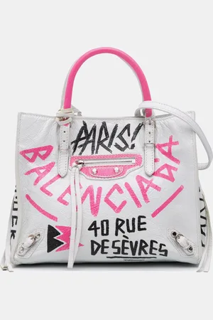 Balenciaga White Lambskin Graffiti Mini Papier A4 Zip Around Satchel Bag