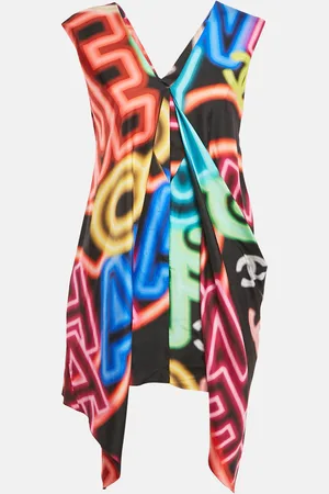 CHANEL Graffiti Print Silk Asymmetric V-Neck Mini Dress S