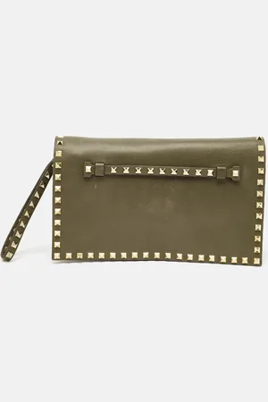 VALENTINO Olive Leather Rockstud Flap Wristlet Clutch