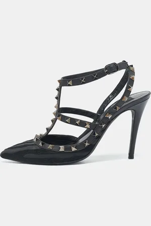 VALENTINO Leather and Calf Hair Rockstud Caged Ankle Strap Pumps Size 38.5