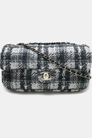 CHANEL Black, Gray, White Nylon Tweed Chain Shoulder Bag