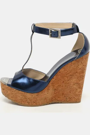 Jimmy Choo Patent Pela Cork Wedge Platform Ankle Strap Sandals Size 37