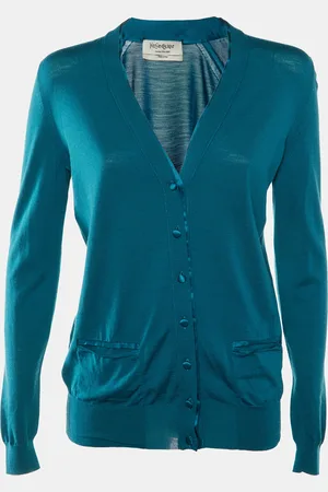 Saint Laurent Yves Saint Laurent Teal Wool Knit & Satin Trim Button Front Cardigan L
