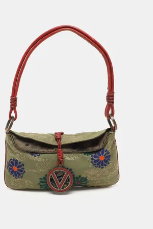 VALENTINO /Red Canvas and Lizard Leather V Logo Shoulder Bag