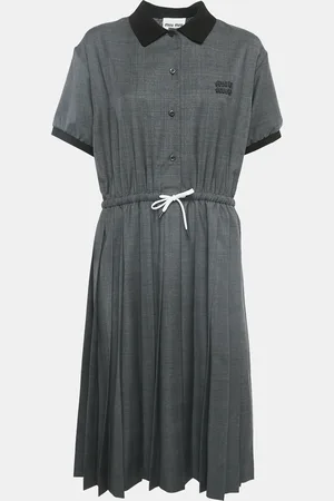 Miu Miu Prince of Wales Check Wool Pleated Midi Dress M