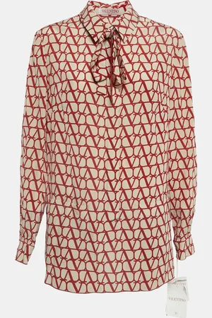 VALENTINO Beige/ Logo Print Silk Tie-Up Neck Detail Blouse L