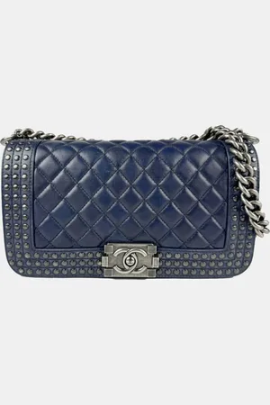 CHANEL Navy Leather Metal Boy Shoulder Bag