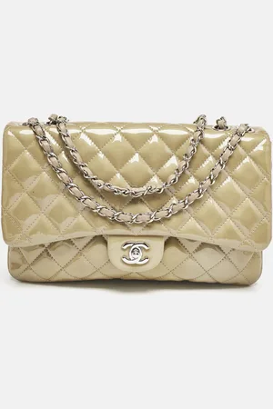 CHANEL Olive Quilted Patent Leather Triple Compartment Flap Bag
